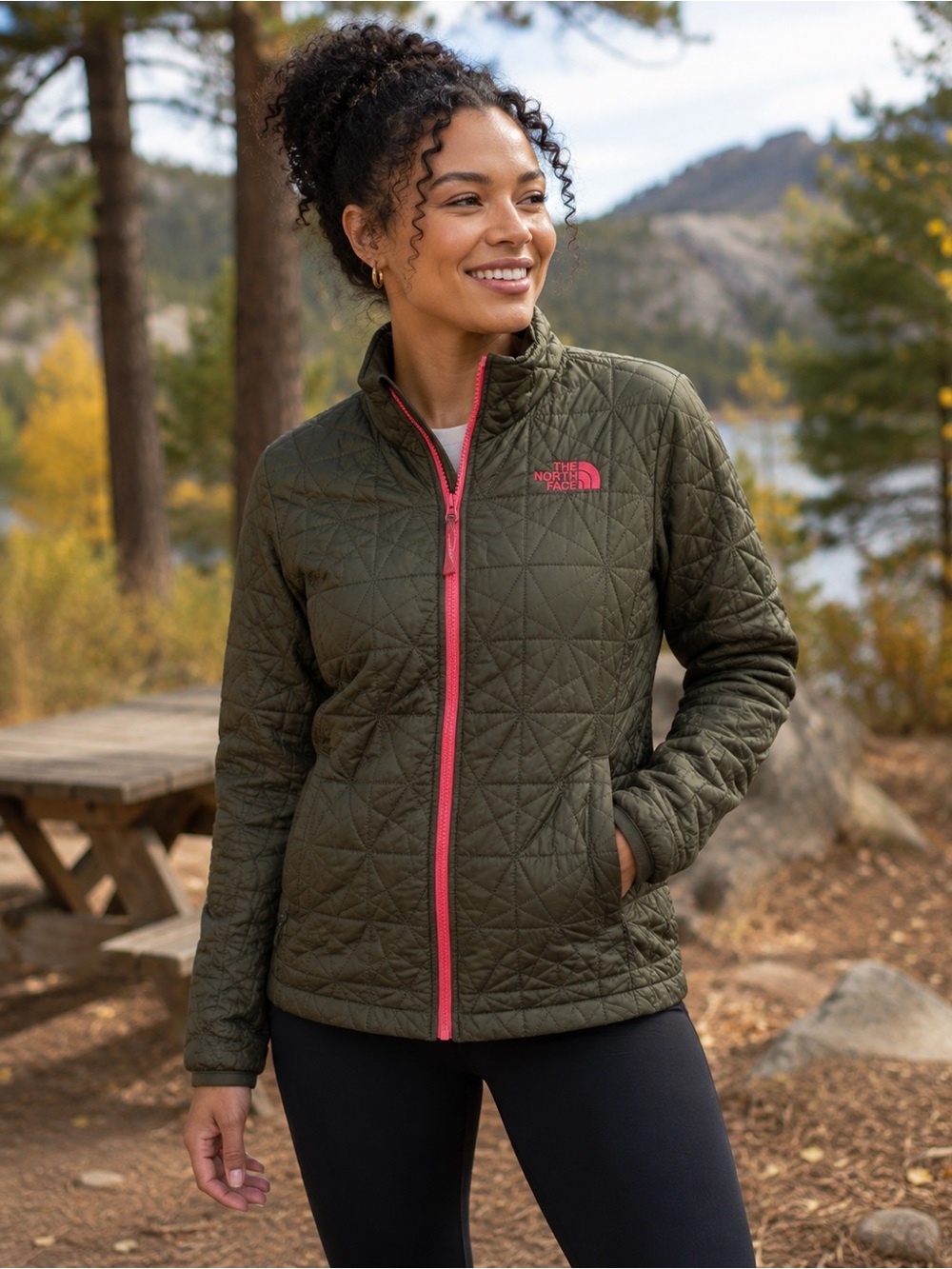 The North Face Women’s M Olive Green Quilted Insulated Jacket Pink Zip